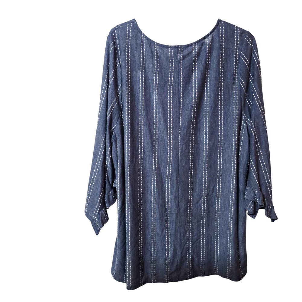 W5 Anthropologie Blue Chambray Tunic Blouse White Stripe Ruffle 3/4 Sleeve 1X - Picture 2 of 5